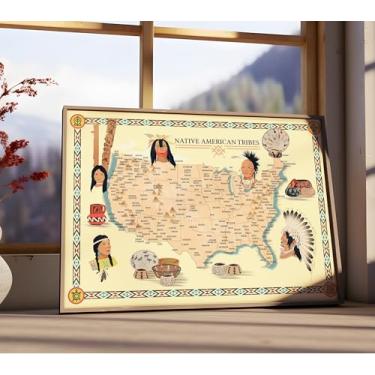 Imagem de Mapa de tribos indígenas nativas americanas dos EUA - 41 x 61 cm - Pôster de parede de mapa pictórico sem moldura, decoração de arte de parede, decorações vintage - povo indiano na América - presente