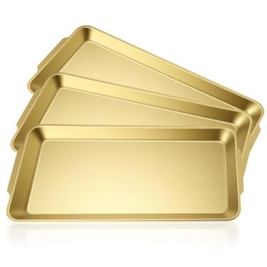 Imagem de PercyEffie Pacote com 3 bandejas douradas, conjunto de travessas grandes de 32 x 16 cm, conjunto de pratos de aço inoxidável, bandeja retangular multiuso para buffet, cupcake, charcutaria, biscoitos