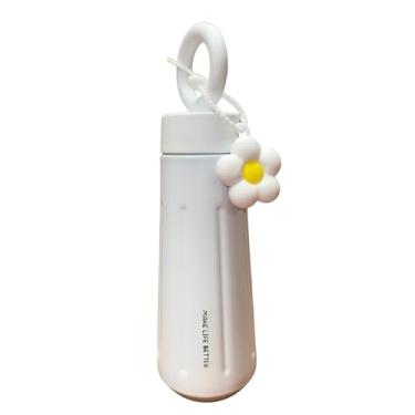 Imagem de Garrafa Térmica de Aço Inox com Alça e Flor, Branca, 450ml, Conservação 6h Quente ou 12h Gelado, 18,8cm x 8,5cm