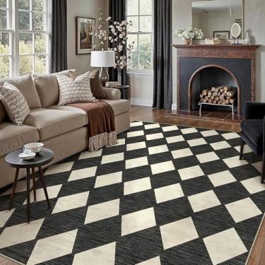 Imagem de PureCozy Tapetes quadriculados de 20 x 25 cm para sala de estar, preto, lavável à máquina, tapete grande, antiderrapante, resistente a manchas, baixa pilha boho, decoração interna para quarto, sala de