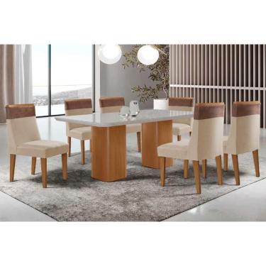 Imagem de Sala Jantar Mesa Maldivas Tampo c/ Vidro Curvo 180cm+6 Cadeiras Jaspe Madeira Naturale/Off White - Capuccino/Suede Creme - Rufato