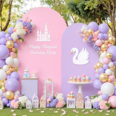 Imagem de Capa de arco rosa roxo 2,5 m conjunto de 2 capas de fundo de arco de casamento flip, uso duplo para decoração de festa de aniversário, decoração de cabine de fotos, fundo de meninas, nupcial, banquete
