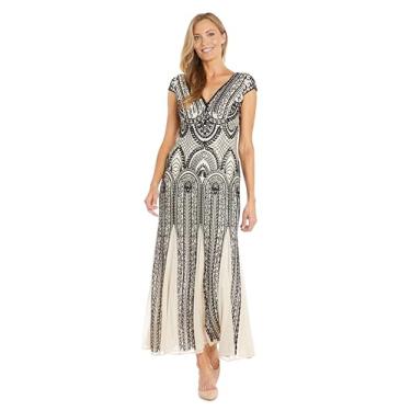 Imagem de R&M Richards Vestido longo feminino elegante de manga cavada com gola V | Vestido formal enfeitado com lantejoulas | Traje de coquetel para noite, Champanhe/preto, 54