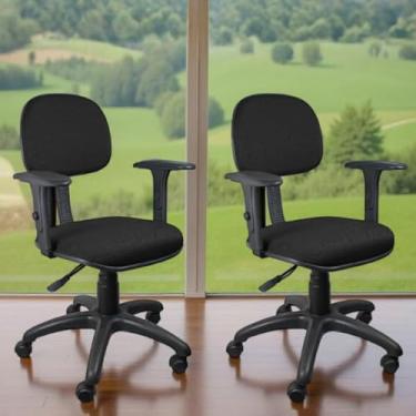 Imagem de Kit 2 Cadeiras de Escritório Secretária Giratória Preta Home Gourmet com Braços Ergonômica Estofada em Tecido Estrutura Aço Rodízios Nylon