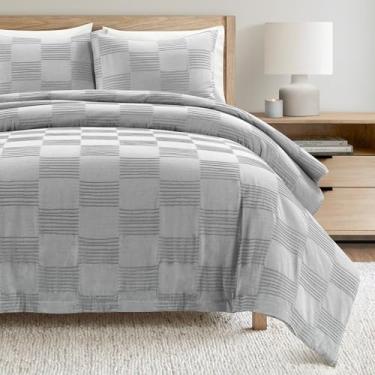 Imagem de Lush Decor Sorano Chambray Texturizado Jacquard Algodão Capa de Edredom Conjunto de 3 Peças Casal/Queen Cinza - Conjunto de Cama Geométrico - Capa de Edredom Listrada - Decoração de Quarto Moderno