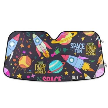 Imagem de Sombra de sol de planeta de foguetes de desenho animado colorido para para-brisa de carro bonito personalizado dobrável sombra de carro para para-brisa dianteiro impressão animal retrátil L, 144,8 cm