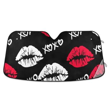Imagem de Batom vermelho personalizado Valentine Kiss XOXO para-sol para para-brisa de carro dobrável universal caminhão carro sombra frontal para-brisa automotivo S, 134,6 cm x 59,7 cm