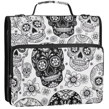 Imagem de Organizador de fichário durável com zíper 3 fichários de 3,8 cm D crânios florais preto branco estojo de armazenamento com alça bolsa de fichário de ensino médio com alça, 34,5 x 31,5 x 9 cm