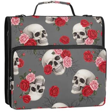 Imagem de Fichário rosa de 3 anéis com 3 argolas, crânios, floral, cinza, organizador de zíper, estojo de armazenamento com alça para fichários escolares com alça de ombro, 34,5 x 31,5 x 9 cm