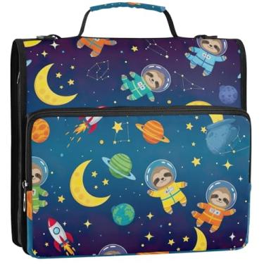 Imagem de Cute Sloths Astronauta Organizador de fichário com zíper com 3 argolas de 3 anéis de 3,88 cm, bolsa escolar com alça de ombro, portfólio e estojo para pasta de anel, 34,5 x 31,5 x 8,9 cm