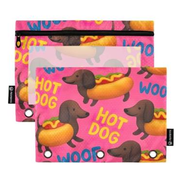 Imagem de GAIGEO Cachorros-quentes fofos dachshund bolsa de lápis rosa para fichário de 3 anéis, bolsa de lápis, fichário com zíper, fichário transparente para escritório, estojo de caneta escolar personalizado