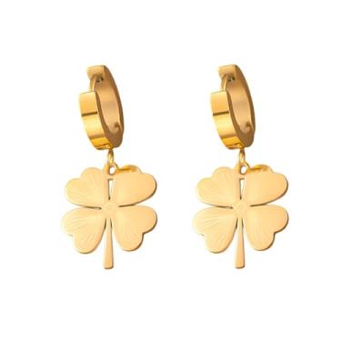 Imagem de BlingNuts Brincos de trevo de quatro folhas para mulheres, pingente de trevo da sorte, brincos de argola, joias da sorte, presentes adoráveis, F, Aço inoxidável, Sem pedra preciosa