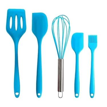 Imagem de Kit 5 Peças Utensílios De Cozinha Silicone Colher Espátula Espátula Pequena Pincel(5 peças-Azul)