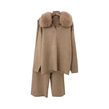 Imagem de Conjunto De Suéter De Tricô Feminino Primavera Outono Com Gola De Pele