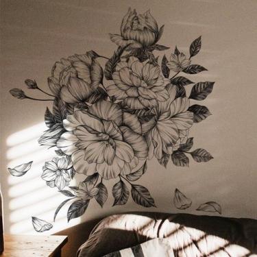 Imagem de Decalque de parede Runtoo Peony Flower Preto Branco 76x49cm