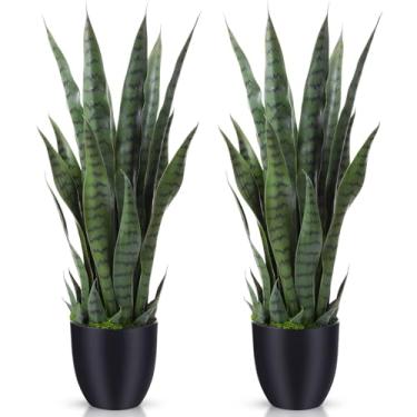 Imagem de Giegxin Pacote com 2 plantas artificiais de cobra artificial Sansevieria de 71 cm para ambientes internos e externos com musgo seco em vaso preto, 28 folhas grossas, plantas falsas de seda realistas