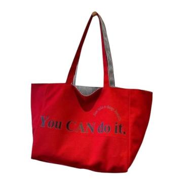 Imagem de RYZGOJV Sacola grande de lona de algodão super forte, bolsa de pano reutilizável para compras de supermercado, sacola elegante para mulheres - vermelha