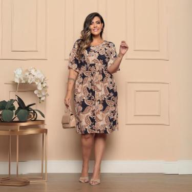 Imagem de Vestido Plus Size Estampado Com Manga Morcego e Elástico na Cintura Es