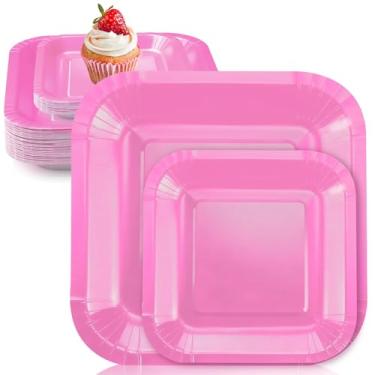 Imagem de RXLWYUNLAE 30 peças de pratos quadrados de papel - pratos descartáveis de festa rosa, suprimentos de festa de aniversário de casamento (rosa, 18 cm, 23 cm)