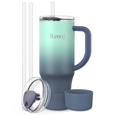 Imagem de Renoj Copo com alça Garrafa de água isolada 100% resistente a derramamentos para café gelado e bebidas quentes - Serve para suporte de copo de carro, presente ideal, 2 canudos e bota de silicone