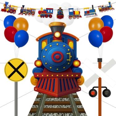 Imagem de Renbuzhu 27 peças de decoração de festa de trem faixa de caminho de ferro balão de fundo para porta tema de aniversário decoração de sala de aula (azul)