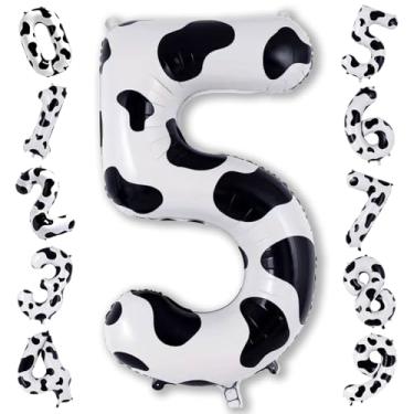Imagem de Balão de número com estampa de vaca 5, 102 cm grande autoinflável, 5 balões de alumínio 0-9, balão de hélio digital 5 para meninas, meninos e mulheres, decorações de aniversário de 5º aniversário de
