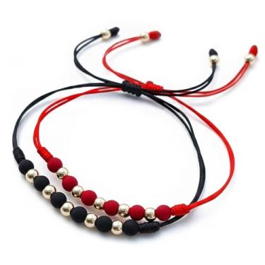Imagem de Pulseiras trançadas ajustáveis para casais – Conjunto de 2 – Cordão vermelho e preto, contas banhadas a ouro 18K, contas de neoprene fosco, pulseiras de amizade ou amor de longa duração que não