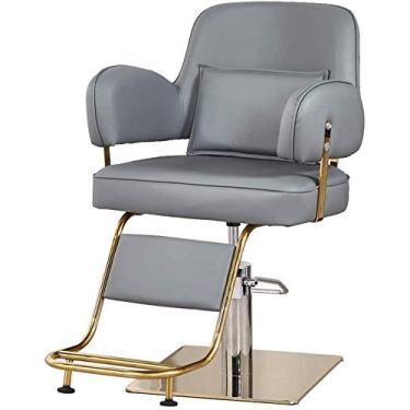 Imagem de pcagfaajmh Cadeira de salão de cabeleireiro, barbearia, equipamento de salão profissional, cadeira de barbeiro hidráulica elegante e confortável (cor: cinza + ouro 2) (azul + ouro 1)