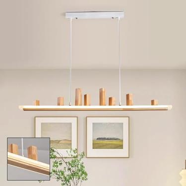 Imagem de Luminária pendente LED em madeira, 100 cm, estilo linear, para ilha de cozinha, sala de jantar, lustre com regulagem de intensidade e controle remoto, ideal para mesa de jantar, cozinha, esc