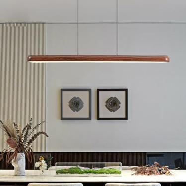 Imagem de Luminária pendente de madeira com LED para mesa de jantar, estilo lustre moderno de espectro total, com intensidade regulável e controle remoto, ideal para cozinha (120 cm de comprimento).