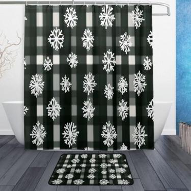 Imagem de xigua Conjuntos de tapetes de cortina de banho verde-oliva quadriculados flocos de neve 2 peças, conjunto temático de banheiro (152 x 182 cm) com cortina de chuveiro e tapete antiderrapante -12