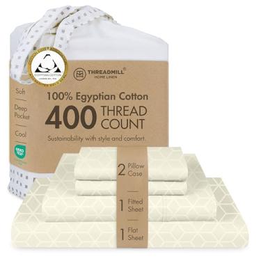 Imagem de Threadmill Jogo de lençol Queen de algodão egípcio | 100% algodão egípcio certificado para cama queen size | Jogo de cama Queen com bolso profundo | Jogo de cama jacquard damasco macio e refrescante |