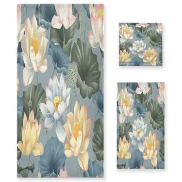 Imagem de xigua Conjunto de toalhas de banheiro de flores de lótus toalha de banho macia absorvente de 3 peças toalha de mão toalhas decorativas para banheiro, academia, hotel, praia, piscina