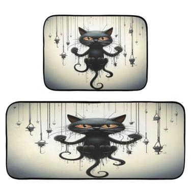 Imagem de xigua Conjunto de 2 peças de tapetes e tapetes de cozinha de gato preto absorvente macio para chão tapete de cozinha antiderrapante conjunto de capacho de cozinha, 50 x 120 cm + 50 x 70 cm