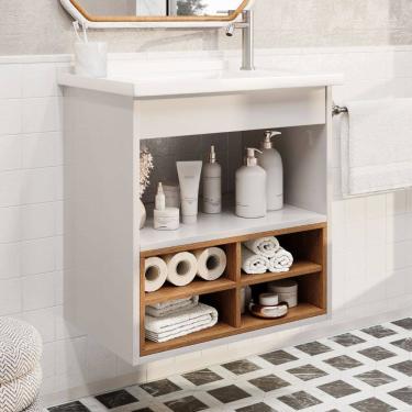 Imagem de Gabinete Armário Aereo Alice com Nichos e Cuba Branco Cedro