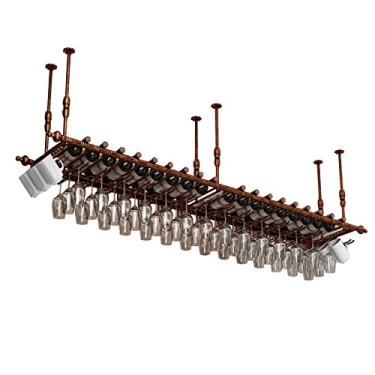 Imagem de Rack de vinho de aço rústico montado na parede, suporte para copos de vinho de teto, prateleira flutuante de garrafa de mesa ajustável em altura, prateleira decorativa de teto para armário de cozinha