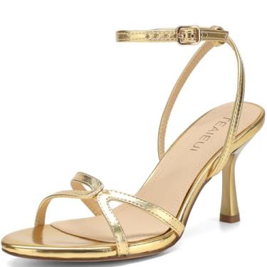 Imagem de TEAIEUI Sandálias femininas stiletto com tiras de salto alto de 7,6 cm com bico redondo e fivela na tira no tornozelo elegantes sandálias de salto aberto para festa de trabalho casual e uso diário