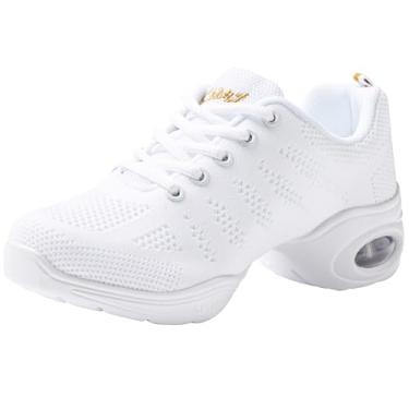 Imagem de Linodes Tênis De Dança Feminino Respirável Com Sola Dividida E Amortecimento Ar, Calçado Caminhada Jazz, Branco, 8,5 M