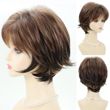 Imagem de Perucas curtas marrons mistas com raízes escuras natural em camadas de cabelo curto para mulheres brancas loiras sintéticas com destaques