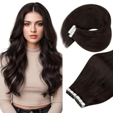 Imagem de Ve Sunny Extensões de cabelo humano com fita adesiva para extensões de cabelo humano marrom escuro 45,7 cm fita em extensões de cabelo castanho natural fitas duplas de cabelo humano real 20 peças 50 g