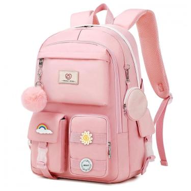 Imagem de Mochila escolar Fitvc juvenil feminina nylon rosa, grande capacidade, multifuncional, com bolsa de moeda e pins decorativos