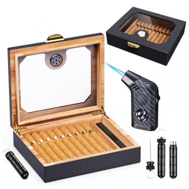 Imagem de Umidor de Charutos Moniup, Revestido com Cedro, com Isqueiro VCut e Ferramenta 2 em 1 para Melhora do Fluxo, Higrômetro, Umidificador