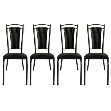 Imagem de Kit 4 Cadeira Paris De Cozinha Tubular Preto Aço Estofada Encosto Junco Preto