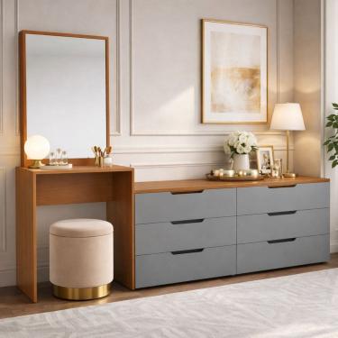 Imagem de Cômoda Penteadeira 6 Gavetas Madrid Cinza/Freijó