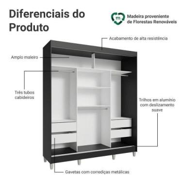 Imagem de Guarda-roupa Casal Com Pés 3 Portas De Correr Preto Reno Madesa