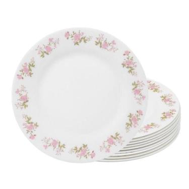 Imagem de Jogo 10 Prato Raso De Vidro Branco Flowers Pink 25,5cm Em Casa Tem
