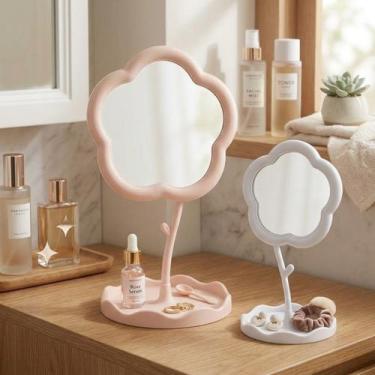 Imagem de Espelho Mesa Flor Maquiagem Porta Joias Brincos Organico Decorativo Pe