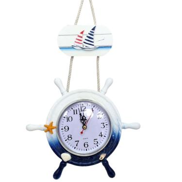 Imagem de Relógio de Parede Náutico Mar e Praia para Decoração com Veleiro e Mostrador Grande Azul e Branco Dantas