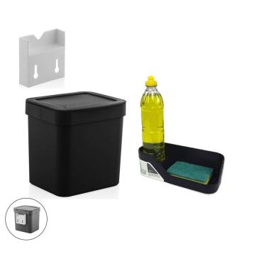 Imagem de Kit Cozinha Suporte Lixeira 2,5L Organizador De Pia Porta Detergente Preto - Ou