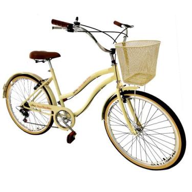 Imagem de Bicicleta Feminina Aro 26 Retrô Vintage 6V Com Cestinha Bege - Maria C